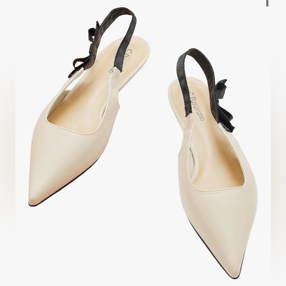 Pointed Toe Slingback Heels in Cream with Black Bow